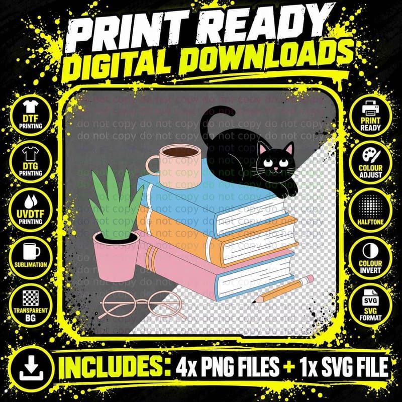 Cozy Cat on Books with Coffee Books T-Shirt Png SVG Digital Bundle
