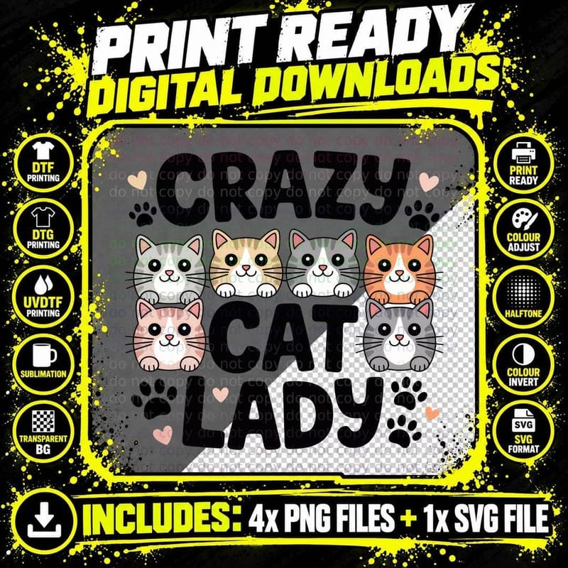 Crazy Cat Lady Cat T-Shirt, Adorable Cats with Hearts Png SVG Digital Bundle