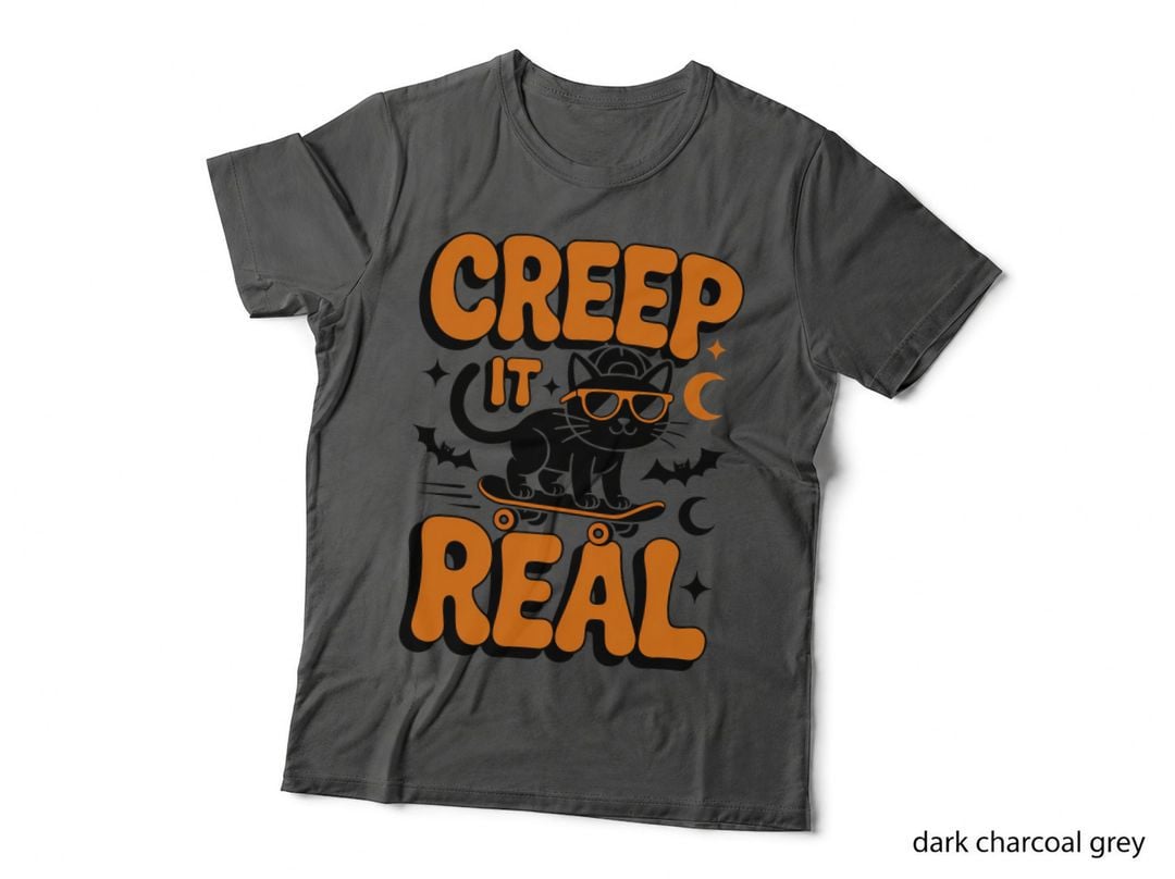 Creep It Real Cat T-Shirt, Cool Black Cat Skateboarding Graphic Tee
