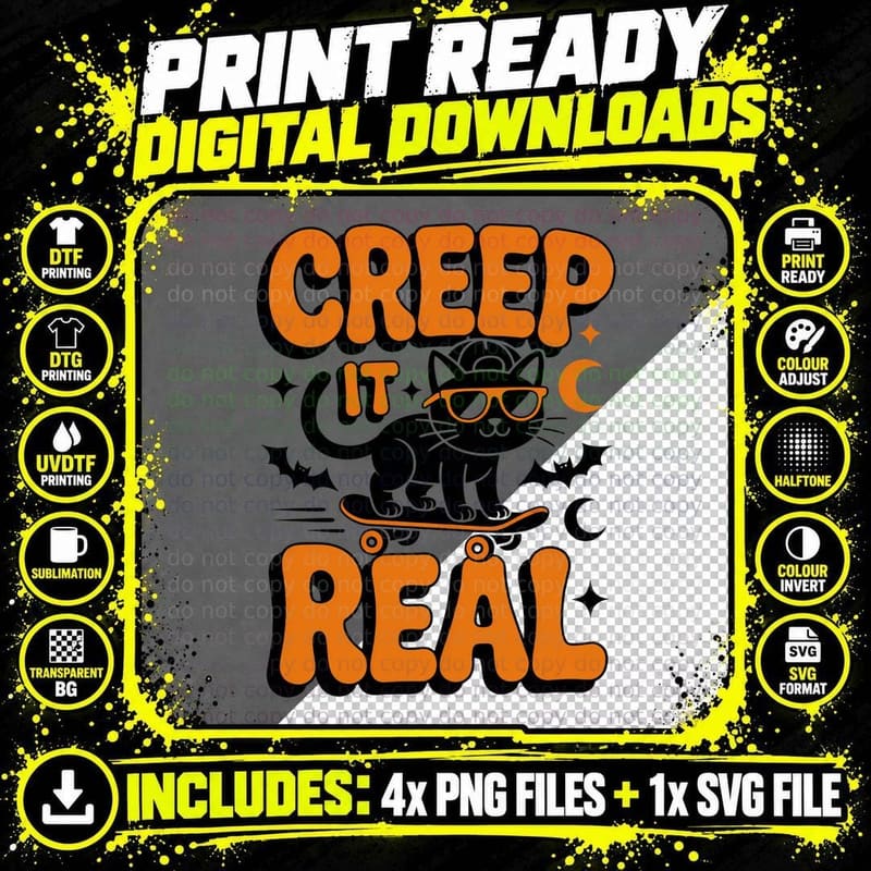 Creep It Real Cat T-Shirt, Cool Black Cat Skateboarding Png SVG Digital Bundle