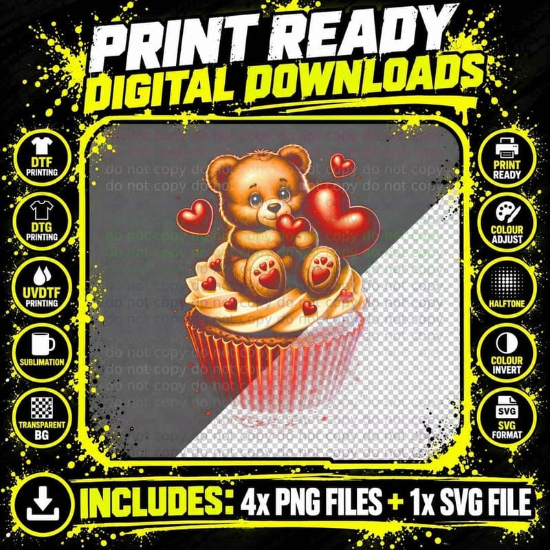 Cupcake Hearts Bear T-Shirt, Halftone Cute Teddy Bear Png SVG Digital Bundle