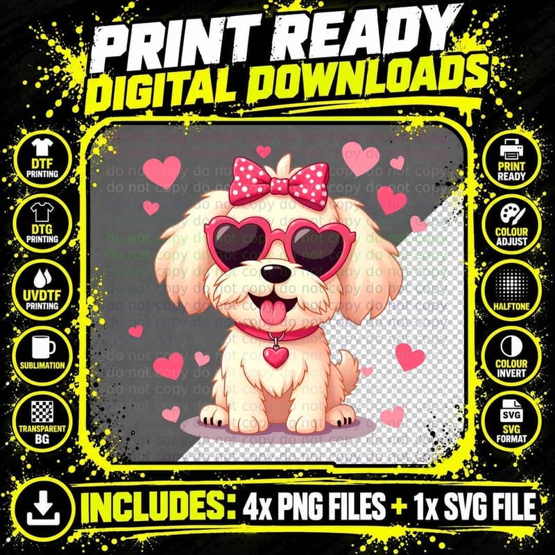 Cute Dog Fluffy Bow Heart T-Shirt Png SVG Digital Bundle