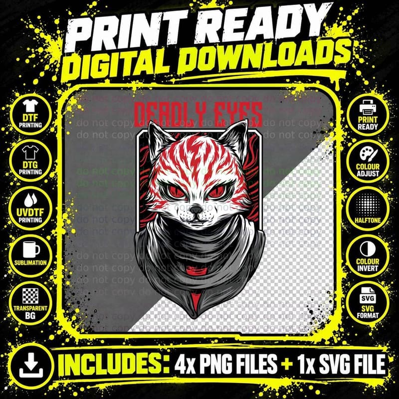 Deadly Eyes Cat Skull Red White Streetwear T-Shirt Png SVG Digital Bundle