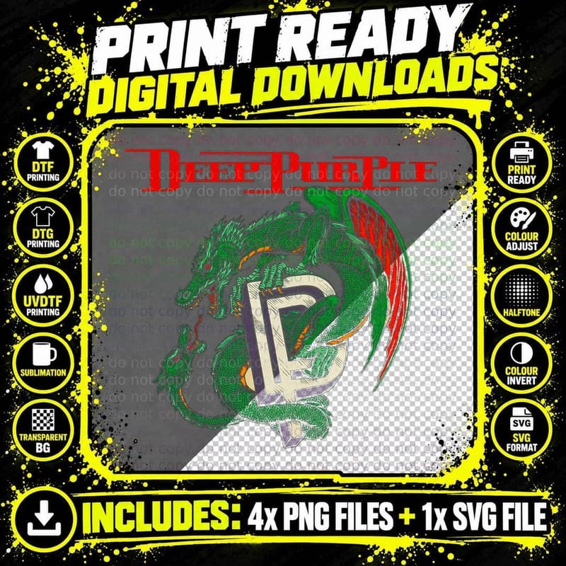 Deep Purple Dragon Chinese Green Red Gold Halftone Png SVG Digital Bundle