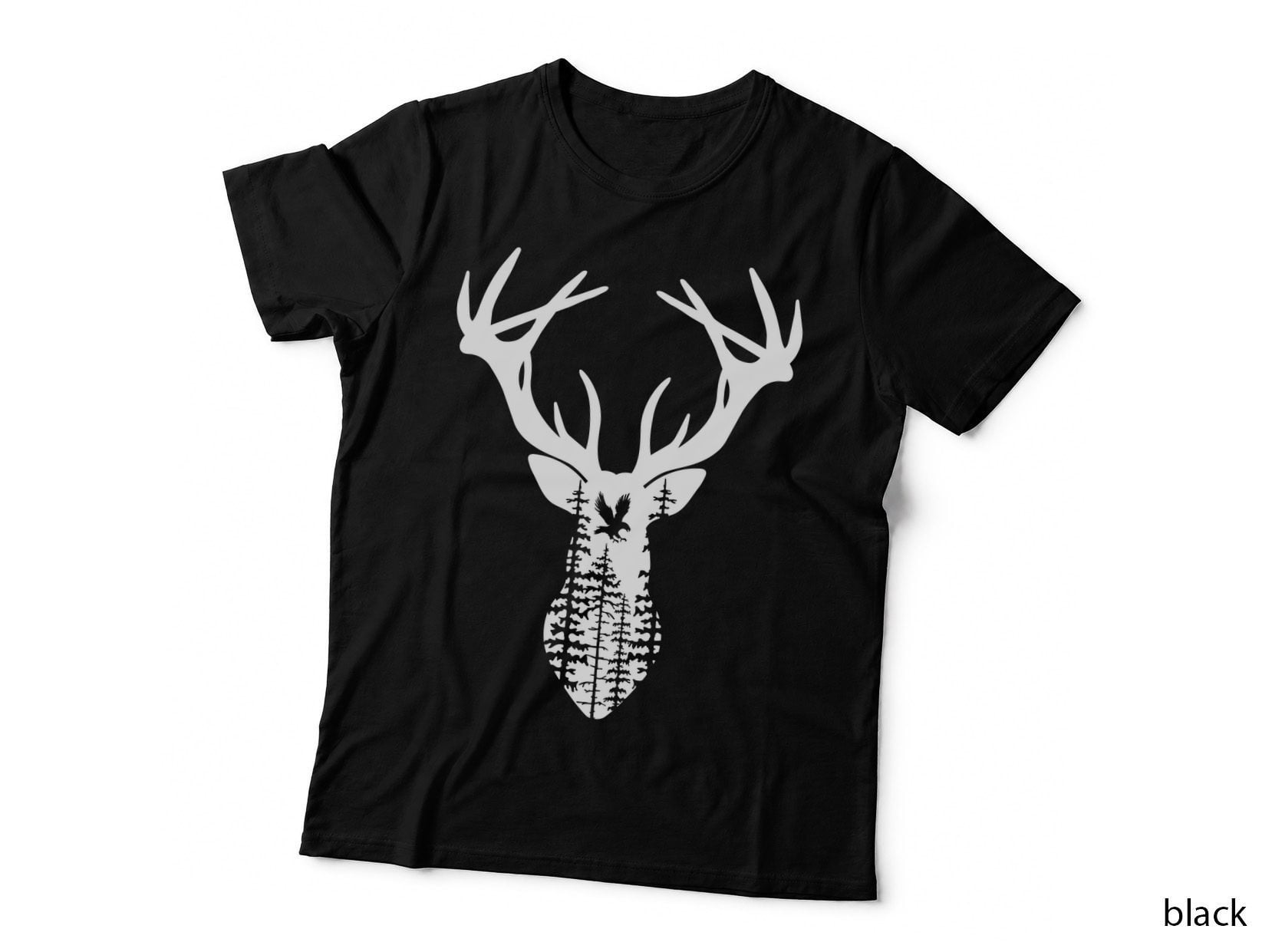 Deer Head Silhouette with Trees and Bird T-Shirt, Trendy Graphic Tee
