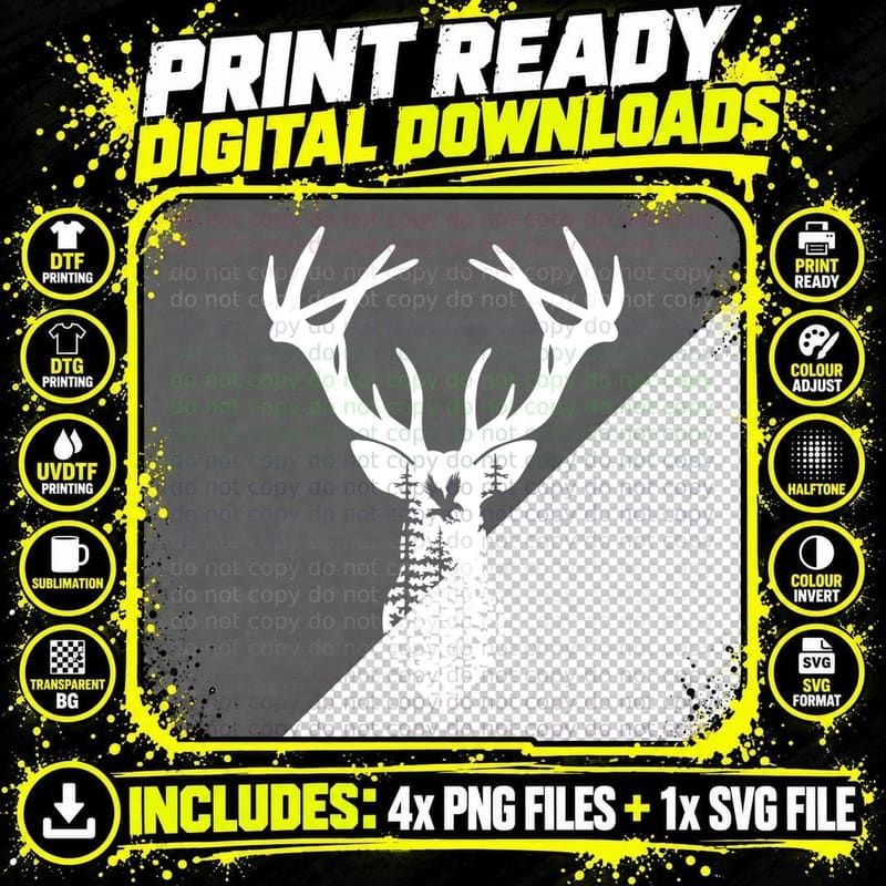 Deer Head Silhouette with Trees and Bird T-Shirt Png SVG Digital Bundle