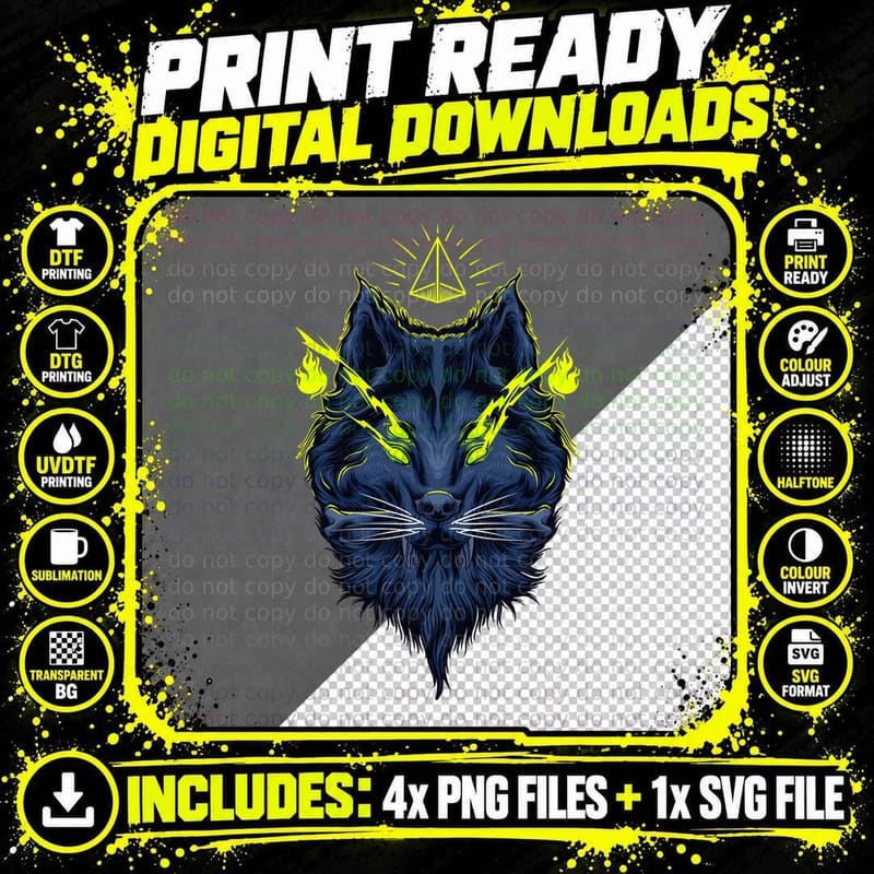 Demon Cat Demonic Electric Blue Lightning Yellow T-Shirt Png SVG Digital Bundle