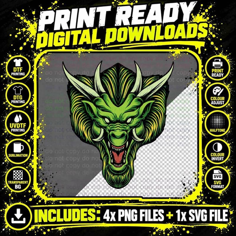 Demon Dragon Head Green Yellow Horns Sharp Teeth T-Shirt Png SVG Digital Bundle