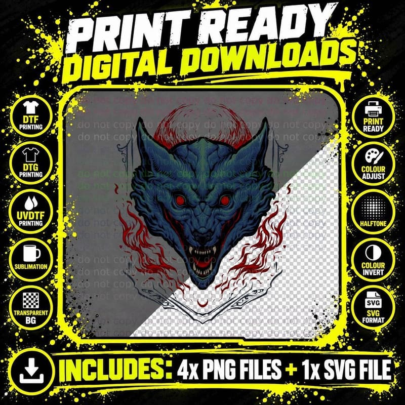Demon Wolf Horns Blue Red Fire Skull T-Shirt Png SVG Digital Bundle