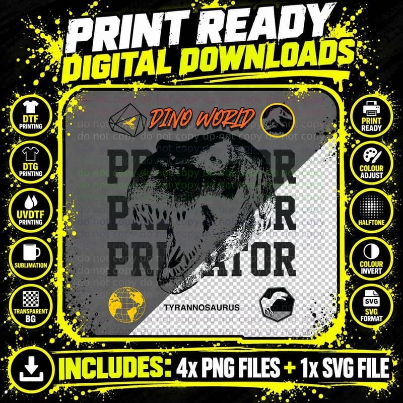 Dino World Predator Tyrannosaurus Gray White Dinosaur Png SVG Digital Bundle
