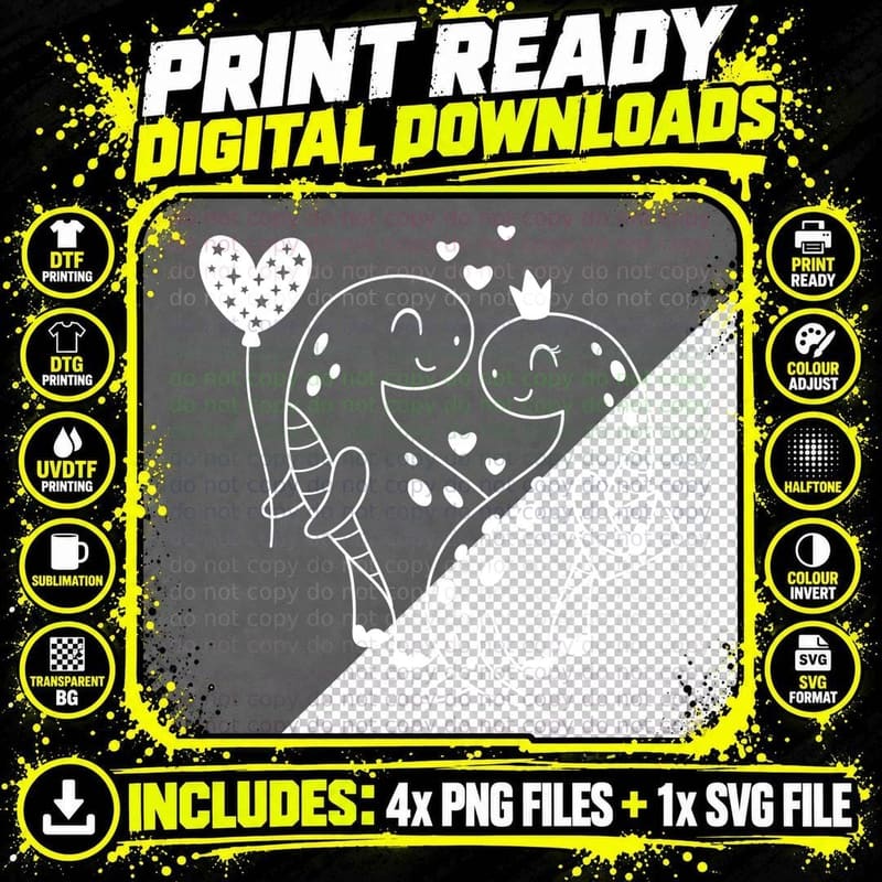 Dinosaur Couple Two Dino Outline Hearts Balloons Cute Png SVG Digital Bundle