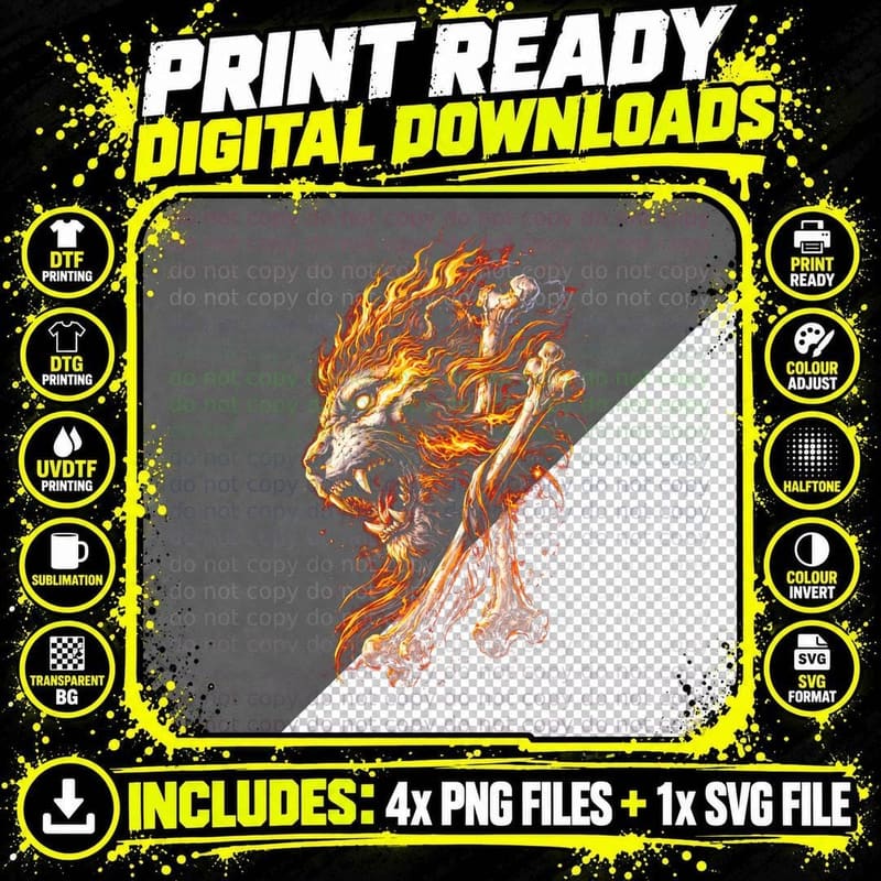 Dire Wolf T-Shirt, Halftone Striking Fire Wolf Graphic Png SVG Digital Bundle