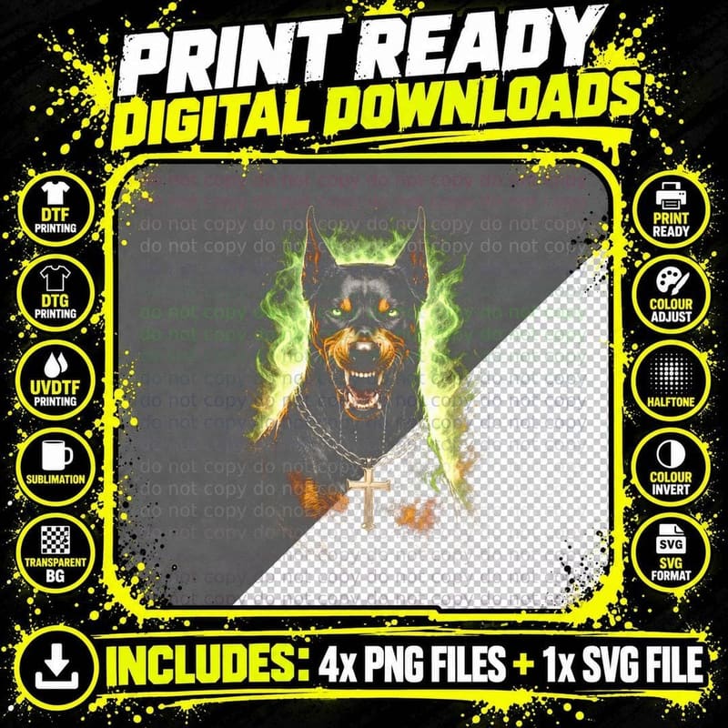 Doberman T-Shirt, Halftone Neon Doberman Graphic Tee Png SVG Digital Bundle