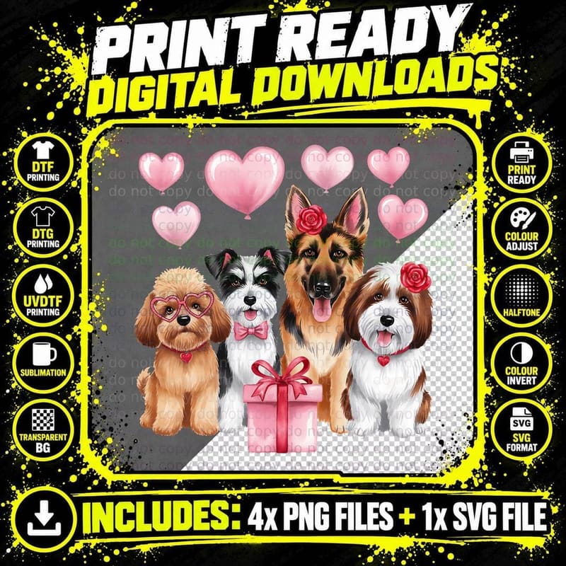 Dog Lovers Multiple Breeds with Pink Hearts and Roses Png SVG Digital Bundle