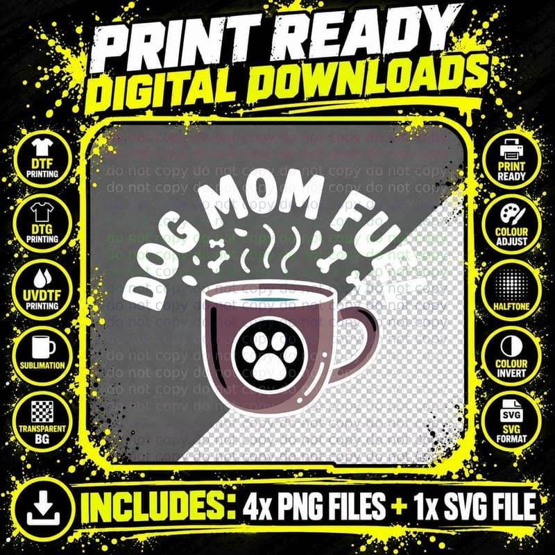 Dog Mom Fuel Coffee T-Shirt, Steaming Mug with Paw Print Png SVG Digital Bundle