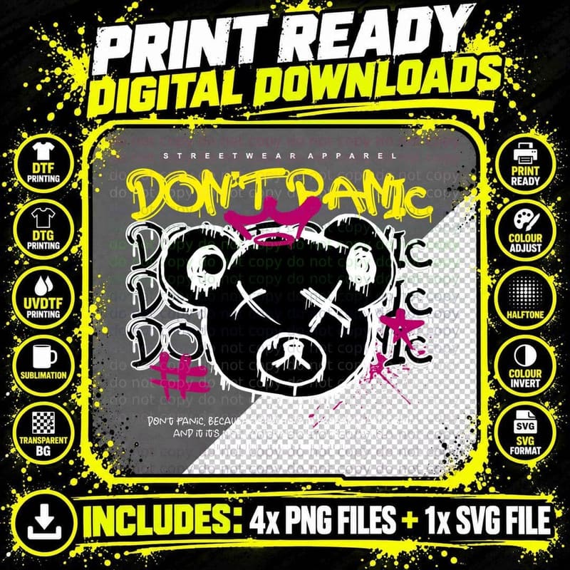 Don't Panic Streetwear Apparel Skull Bear Sketch Neon Png SVG Digital Bundle