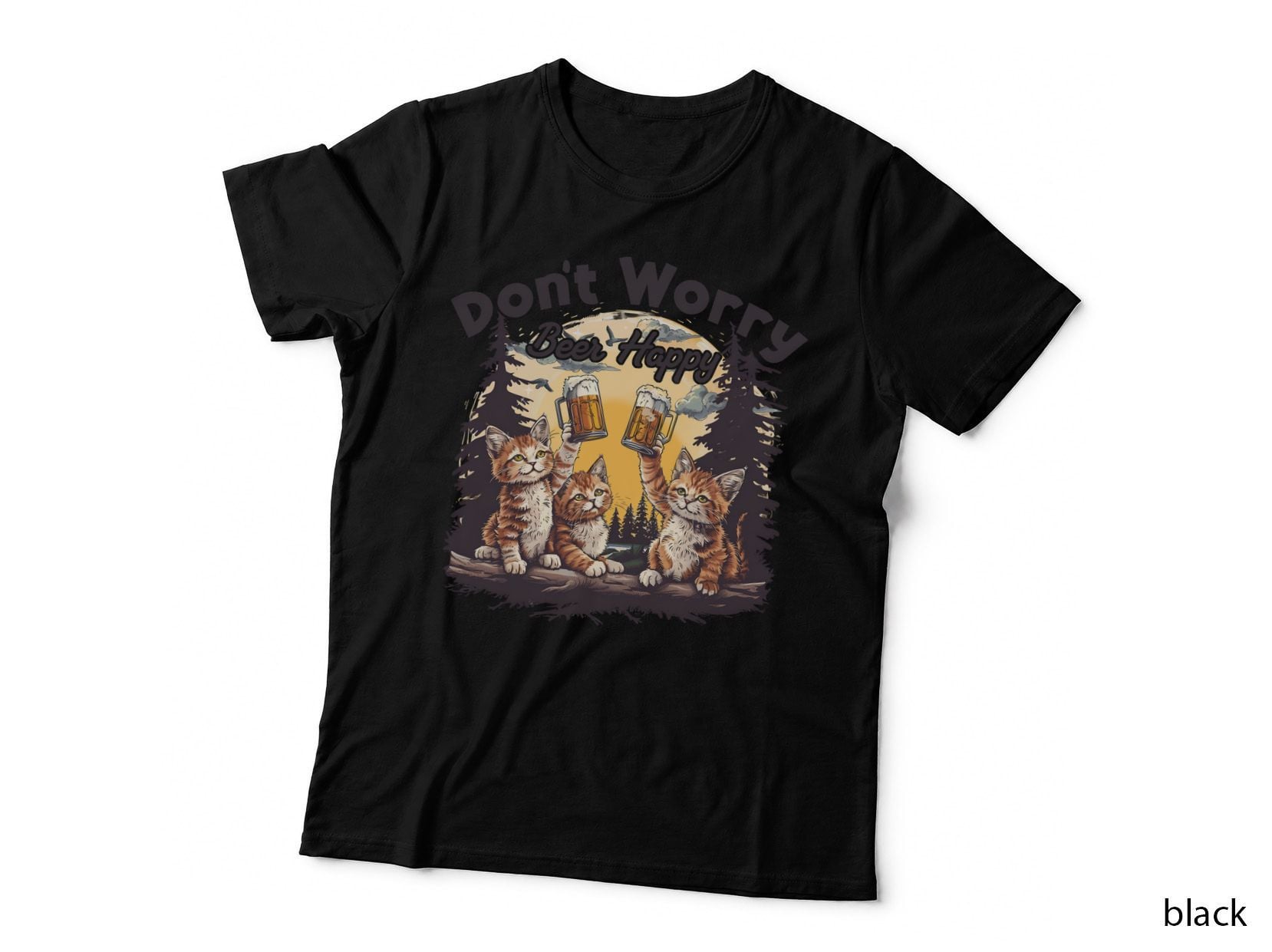 Don't Worry Beer Happy Cat T-Shirt, Cats Holding Beers in Forest Graphic Tee