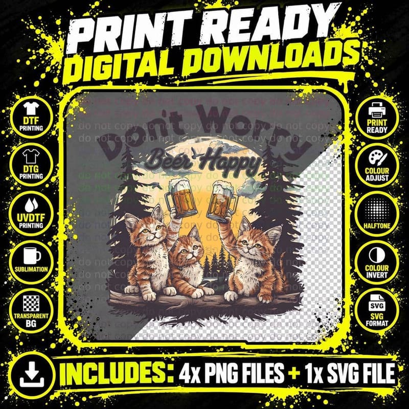 Don't Worry Beer Happy Cat T-Shirt Png SVG Digital Bundle