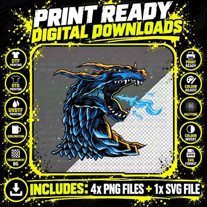 Dragon Blue Gold Lightning Asian Vintage T-Shirt Png SVG Digital Bundle