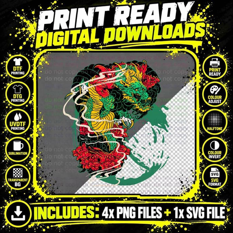 Dragon Flowers Beast Colorful Red Green Gold T-Shirt Png SVG Digital Bundle