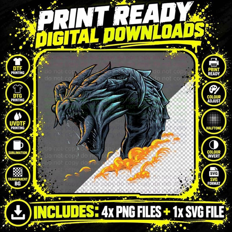 Dragon Head Gray Black Spikes Teeth Orange Flames Fire Png SVG Digital Bundle