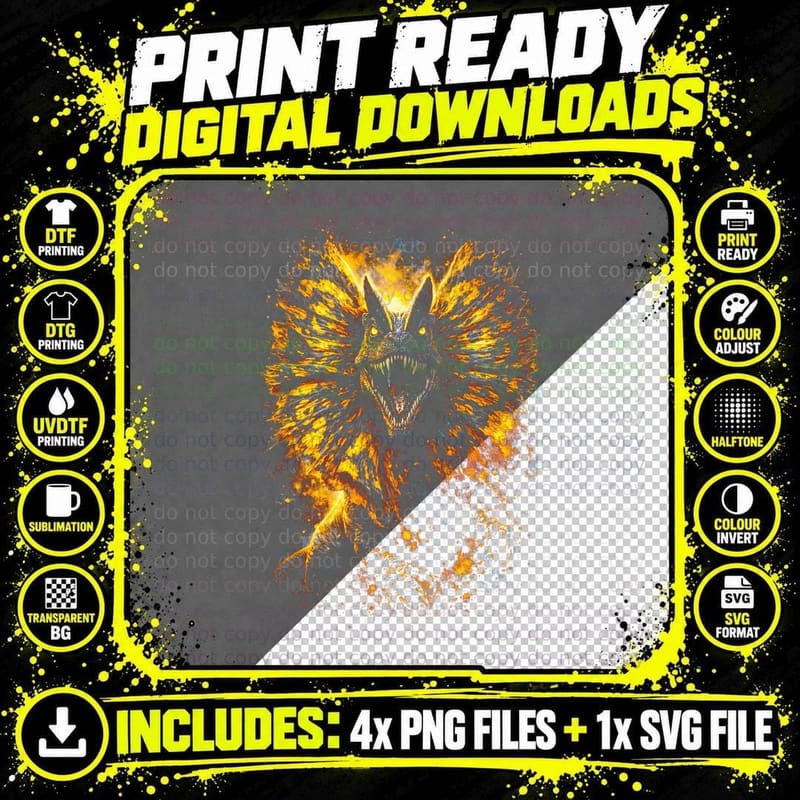 Dragon T-Shirt, Halftone Fire Roaring Dragon Graphic Tee Png SVG Digital Bundle