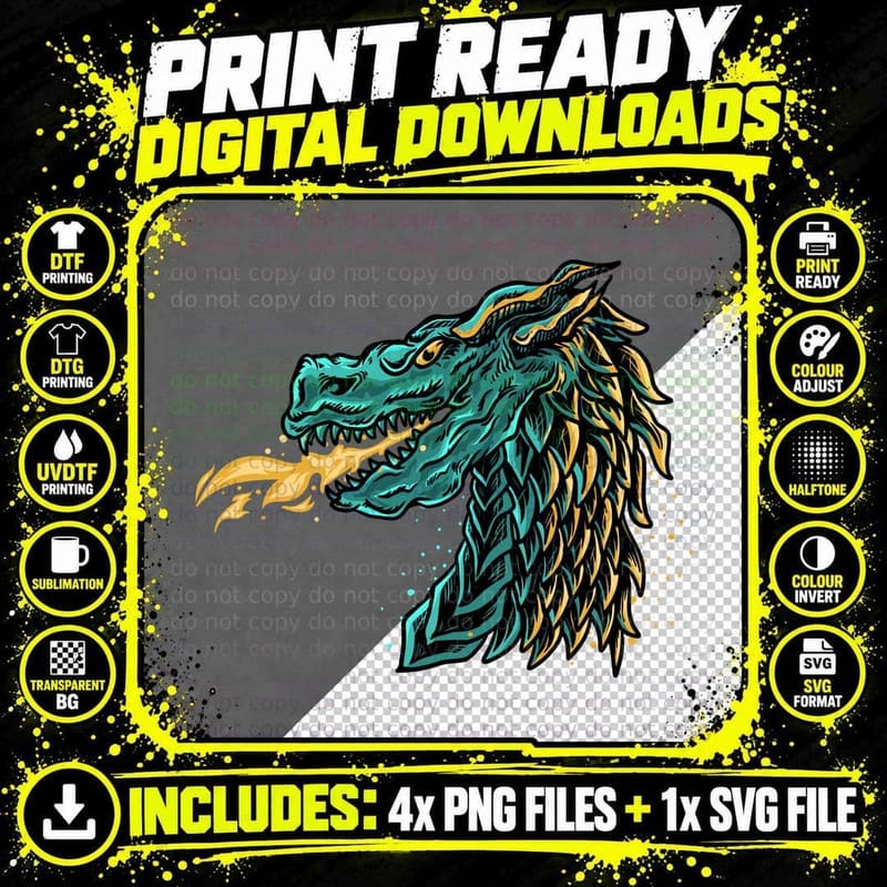 Dragon Teal Gold Fire Asian Vintage T-Shirt Png SVG Digital Bundle