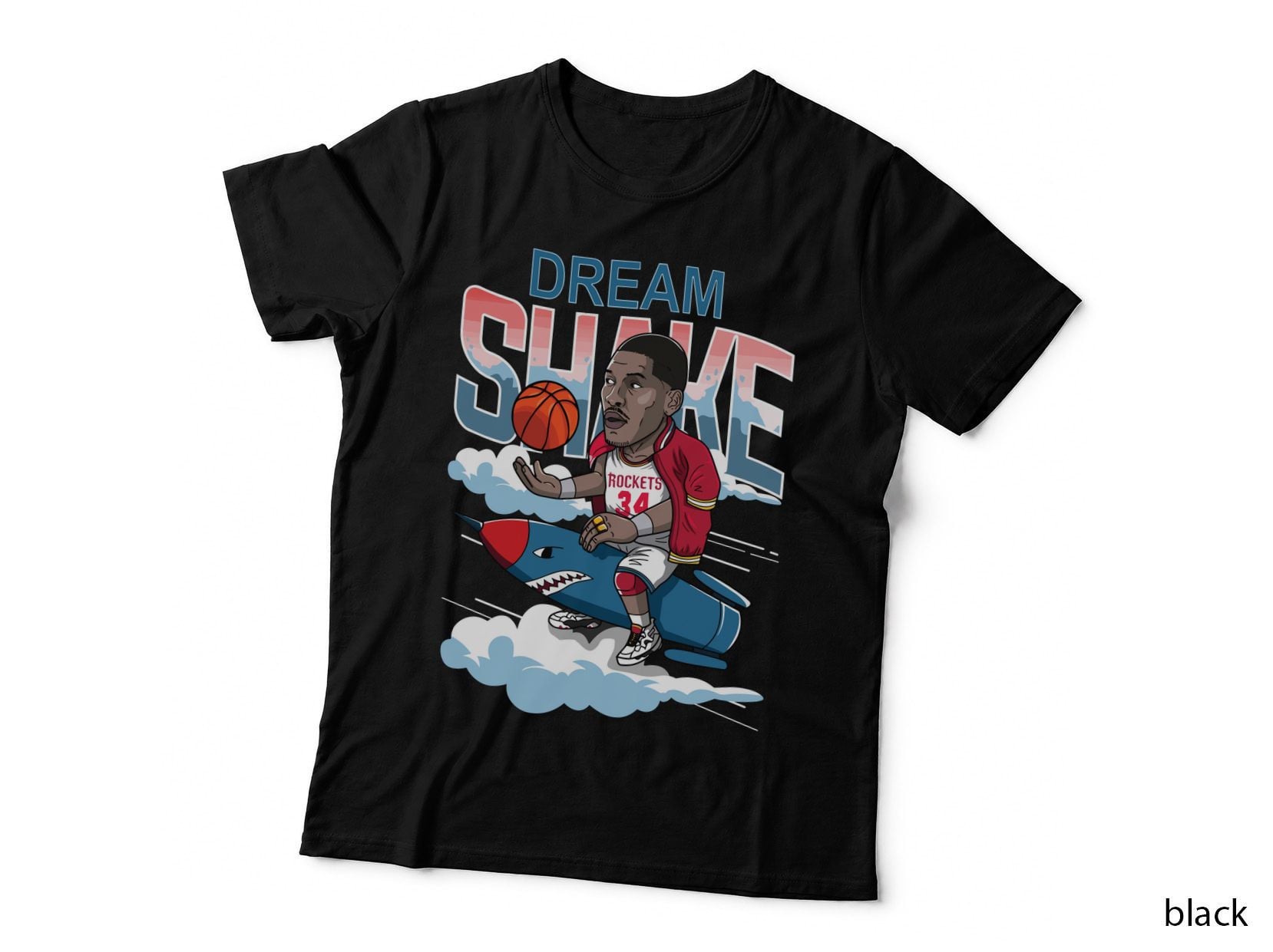Dream Shake Caricature Riding Shark Nose Rocket Clouds Red White T-Shirt