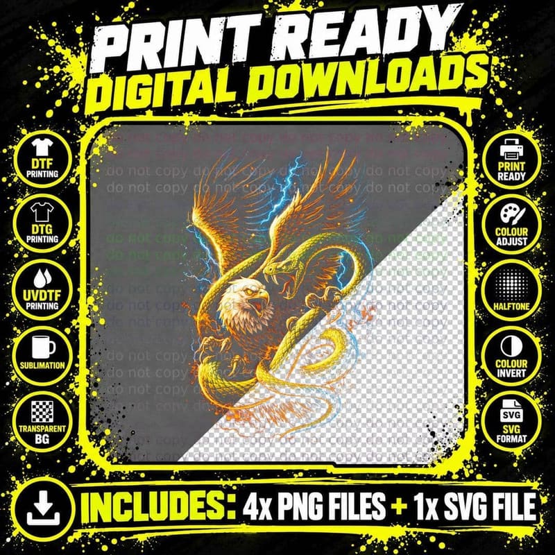 Eagle Dragon T-Shirt, Halftone Fire Lightning Beast Png SVG Digital Bundle
