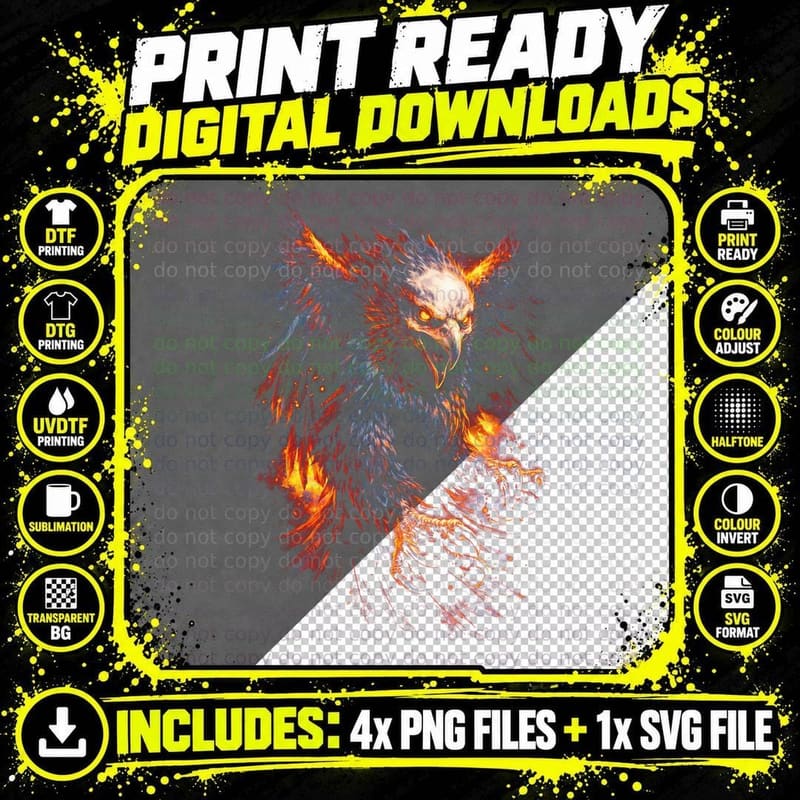 Eagle T-Shirt, Halftone Neon Phoenix Eagle Graphic Tee Png SVG Digital Bundle