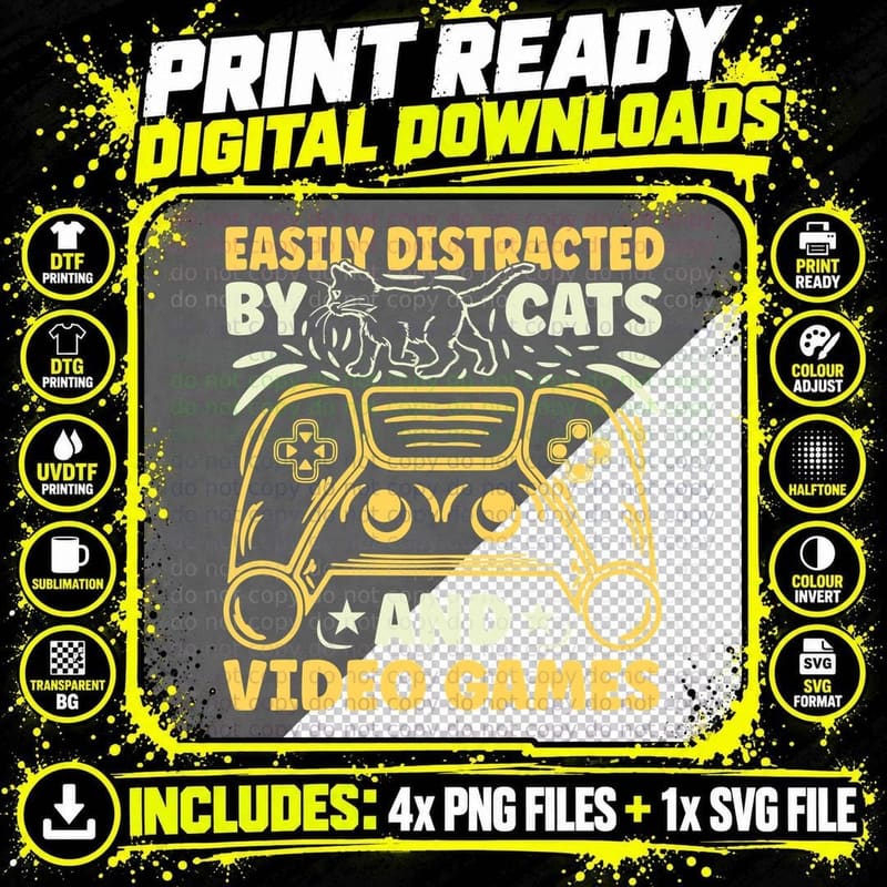 Easily Distracted by Cats and Video Games Cat T-Shirt Png SVG Digital Bundle