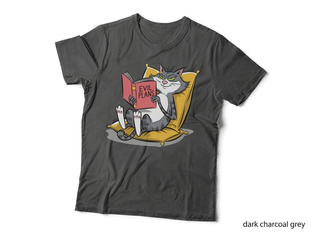 Evil Plans Funny Cat T-Shirt, Cat Reading Book in Chair Graphic Tee