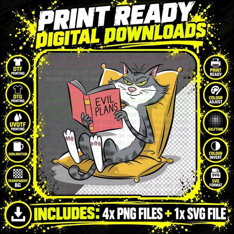 Evil Plans Funny Cat T-Shirt, Cat Reading Book in Chair Png SVG Digital Bundle