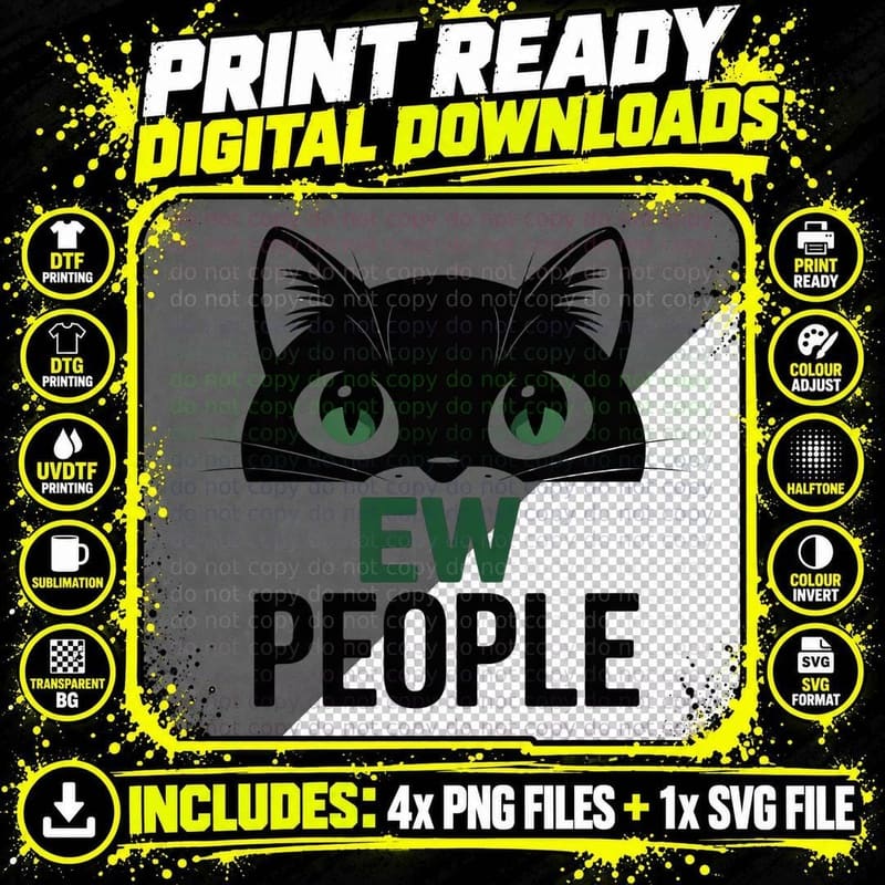 Ew People Cat T-Shirt, Black Cat Face with Green Eyes Png SVG Digital Bundle
