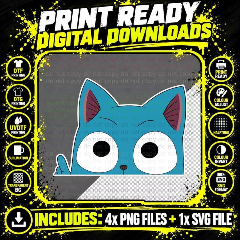 Fairy Tail Blue Cat Companion Feline Round Face Large Png SVG Digital Bundle