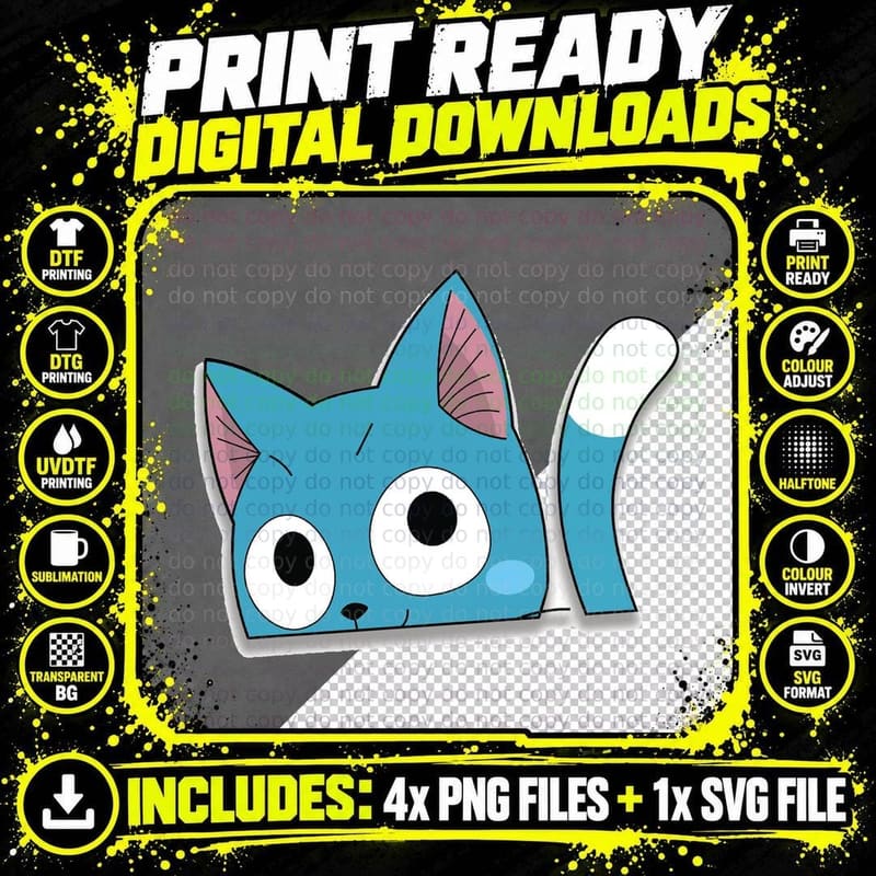 Fairy Tail Blue Cat Feline White Eyes Pink Ears Cute Png SVG Digital Bundle