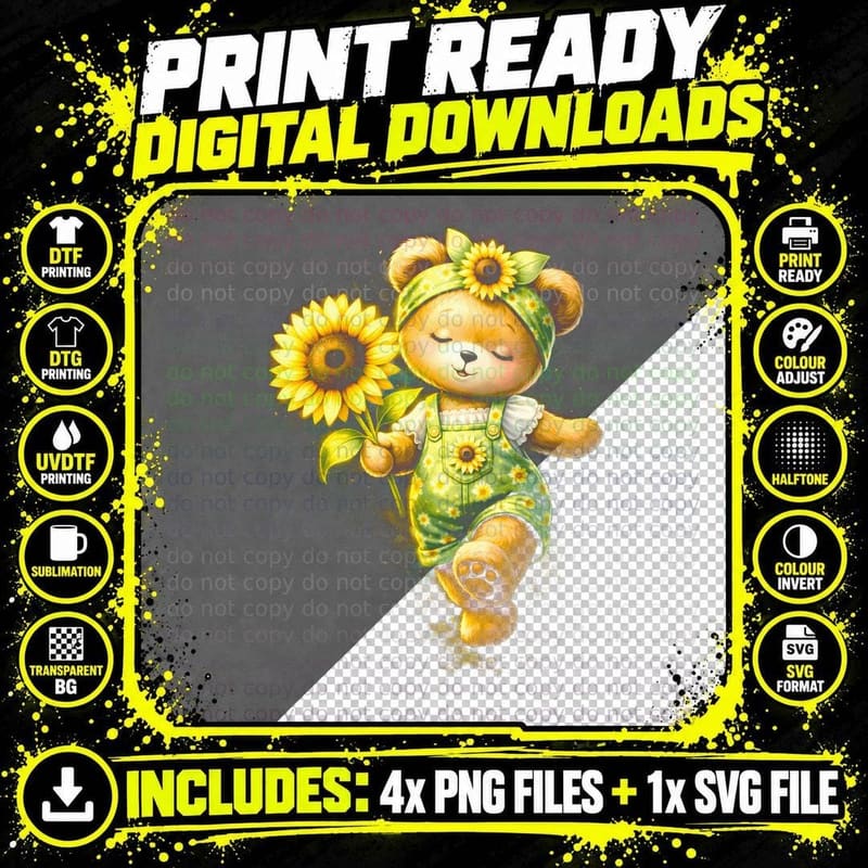 Farmer Sunflower Harvest Bear T-Shirt Png SVG Digital Bundle