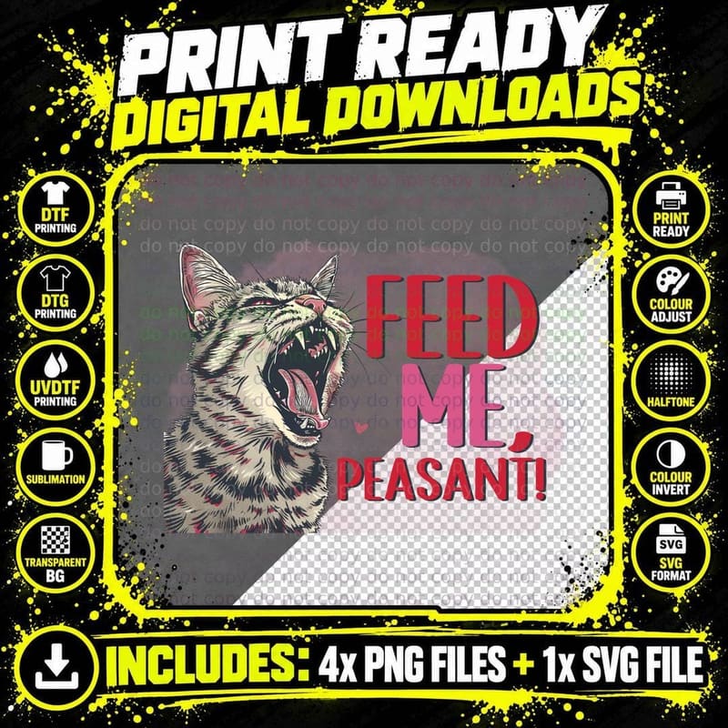Feed Me Peasant! Cat T-Shirt, Angry Cat Yelling Graphic Png SVG Digital Bundle