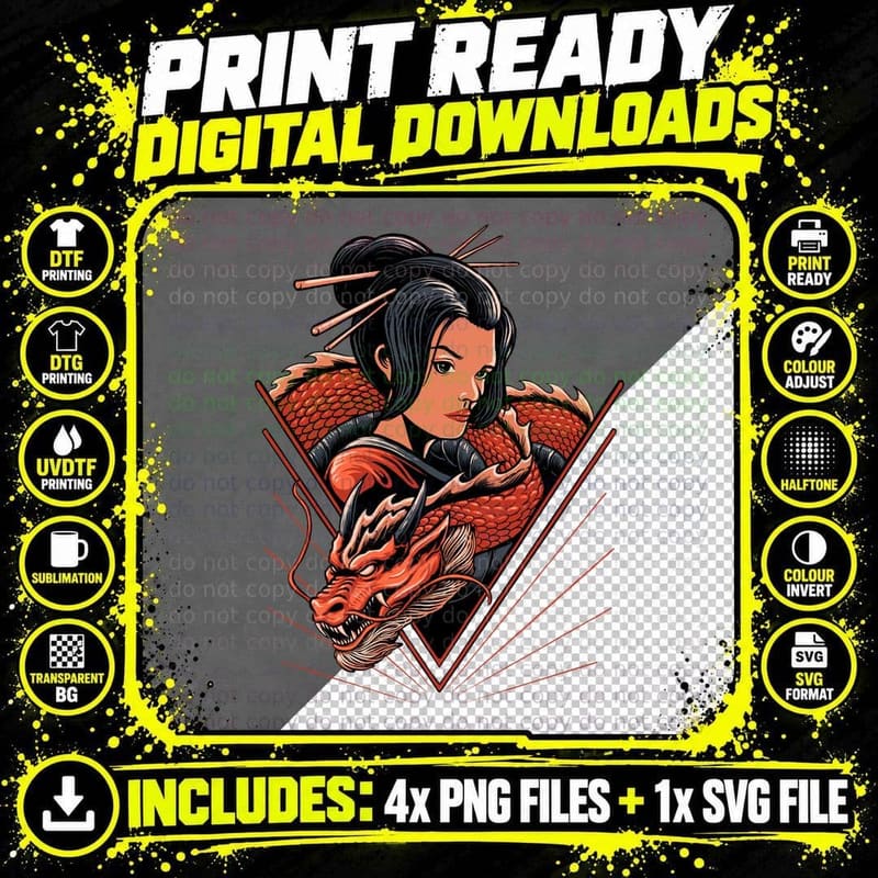Female Dragon Warrior Asian Orange Red T-Shirt Png SVG Digital Bundle