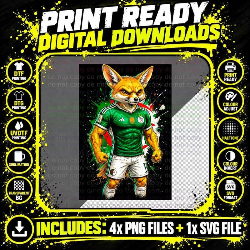 Fennec Fox Footballer Green and White Kit Paint-Splatter Png SVG Digital Bundle