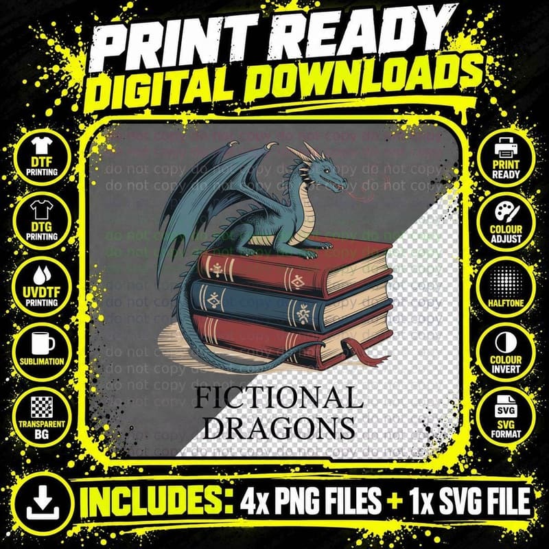 Fictional Dragons Books T-Shirt, Dragon Atop Books with Png SVG Digital Bundle
