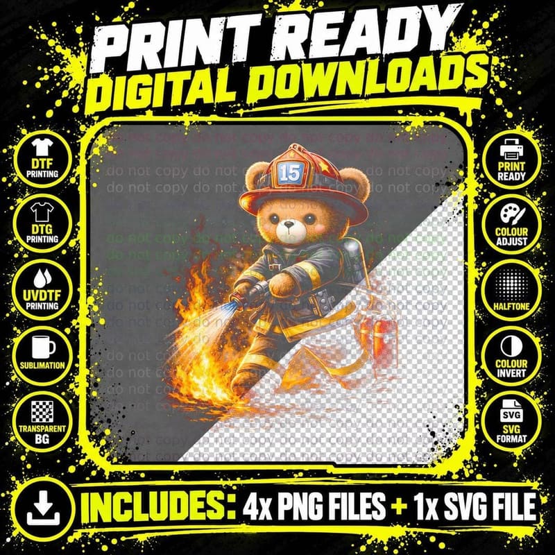 Firefighter Spraying Bear T-Shirt, Halftone Cute Teddy Png SVG Digital Bundle
