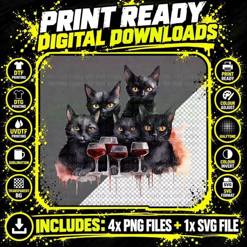 Five Black Cats with Wine Glasses Cat T-Shirt Png SVG Digital Bundle