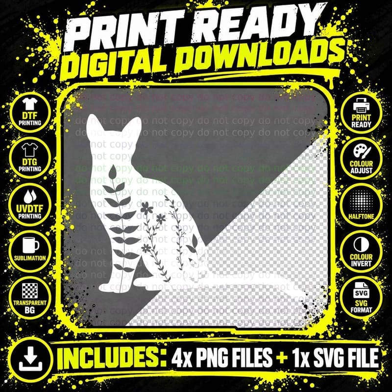 Floral Cat Silhouette Floral Cat Art T-Shirt Png SVG Digital Bundle