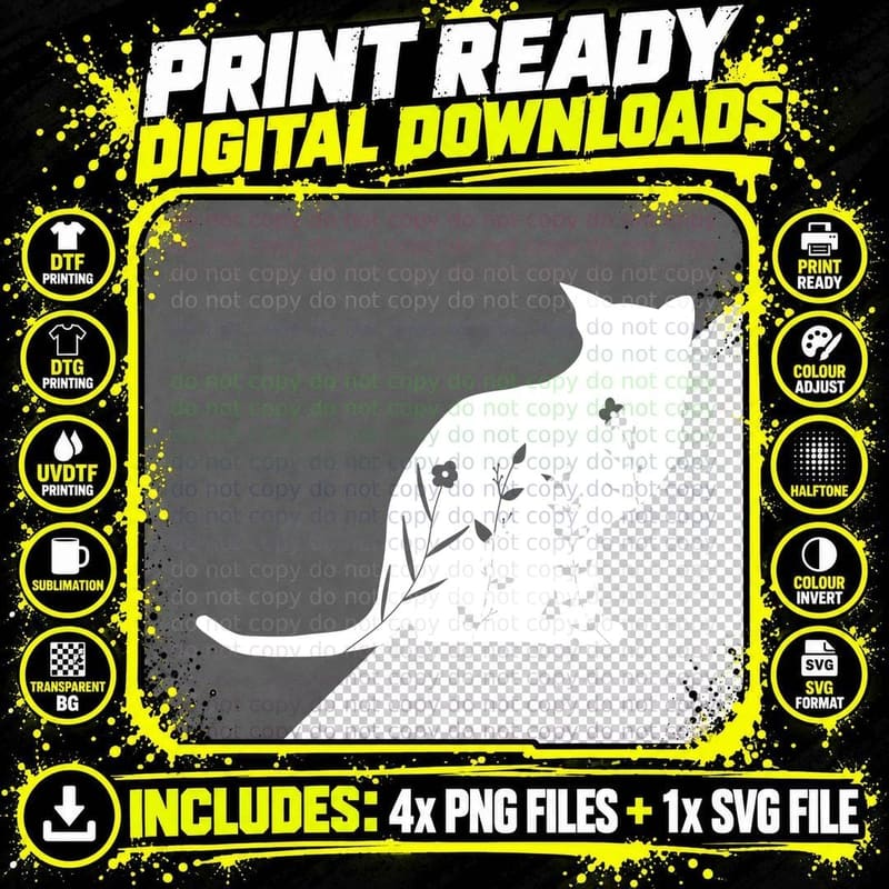 Floral Cat Silhouette Floral Cat Design T-Shirt Png SVG Digital Bundle