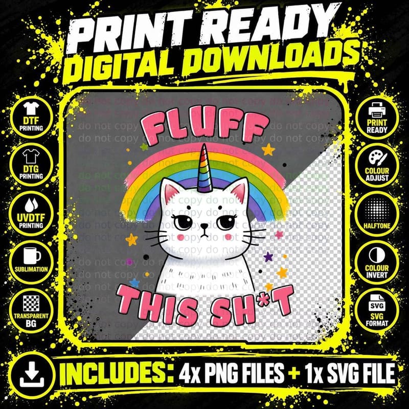 Fluff This Sh T Cat T-Shirt, Fluffy Cat with Rainbow Png SVG Digital Bundle