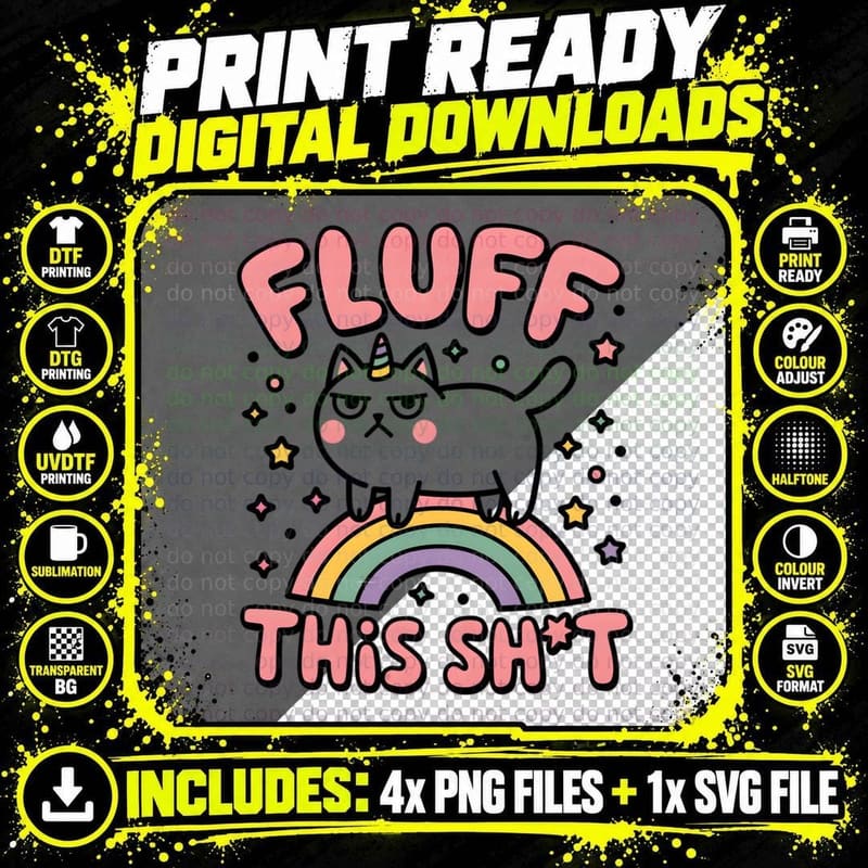 Fluff This Sh T Funny Cat T-Shirt, Angry Cat on Rainbow Png SVG Digital Bundle