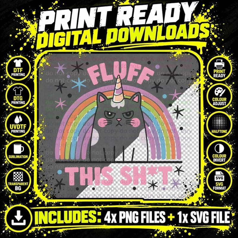 Fluff This Sh T Funny Cat T-Shirt, Gray Cat Unicorn with Png SVG Digital Bundle