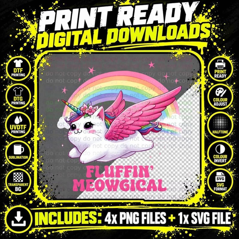 Fluffin' Meowgical Cat T-Shirt, Fluffy Cat with Wings Png SVG Digital Bundle