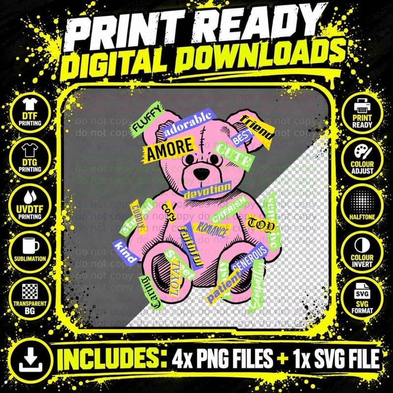 Fluffy Adorable Amore Passion Devotion Pink Bear with Png SVG Digital Bundle